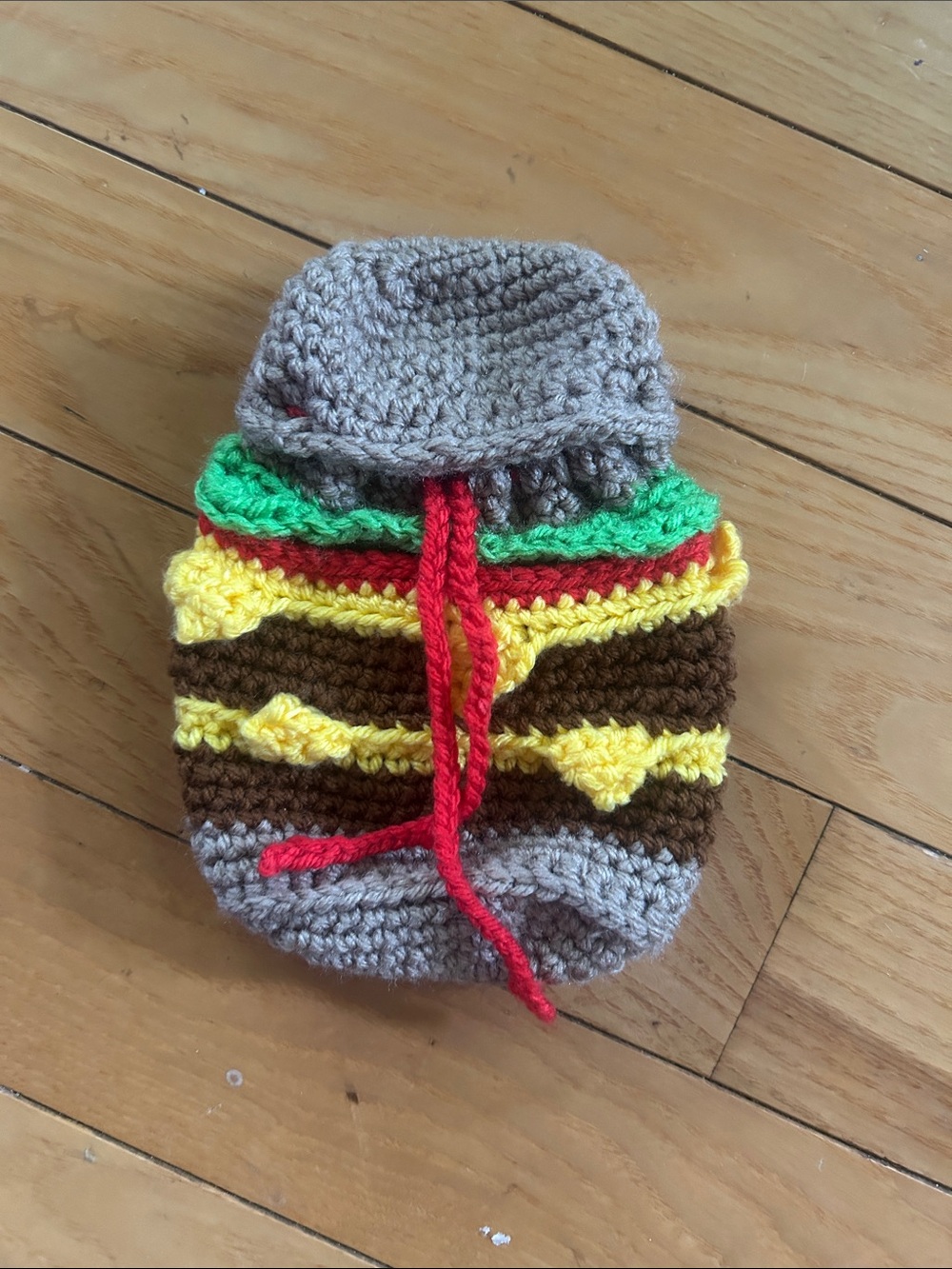 Handmade Crocheted Hamburger Drawstring Pouch - Tan,Brown, Yellow, Green, Red
